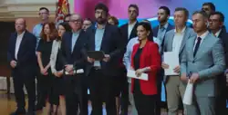 Borislav Novaković, Miloš Parandilović, Biljana Đorđević, Đorđe Pavićević, Robert Kozma, Zoran Lutovac, Dragan Rakić, Marinika Tepić, Radomir Lazović, Nebojša Zelenović, Pavle Grbović, Srđan Milivojević, Miroslav Aleksić, Đorđe Miketić, and Janko Veselinović at a press conference inside the National Assembly of Serbia in September 2023