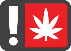 A symbol of a rounded rectangle with a dark gray outline containing a red square with a white marijuana leaf on the right and a white exclamation point on a dark gray background on the left