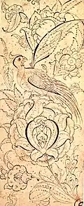 Ornamental drawing, signed "Vali Jan". Istanbul, c. 1580-90. This is the only known work with an authentic signature of Veli Can, in a flower in the upper left corner of the drawing. Topkapı Palace Library