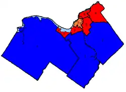 Map of the region's ridings. Colours show the result after the 2004 election]]