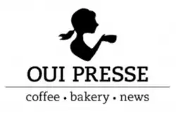 Black-and-white graphic logo with a silhouette of a women holding a coffee cup as well as the text 'Oui Press', 'coffee', 'bakery', and 'news'