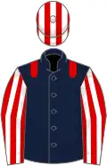 Dark blue, red epaulettes, red and white striped sleeves, red and white striped cap