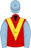 Red, yellow chevron, light blue sleeves and cap