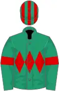 Emerald green, red triple diamond, red armlet, striped cap
