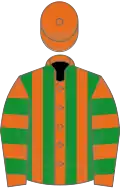 Orange and green stripes, hooped sleeves, orange cap