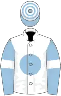 White, blue disc, blue sleeves, white armlets, light blue and white hooped cap