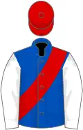 Royal blue, red sash, white sleeves, red cap