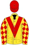 Yellow, red chevron, diamonds on sleeves, red cap