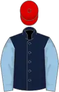 Dark blue, light blue sleeves, red cap