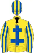 Yellow, royal blue cross of lorraine, striped sleeves and cap
