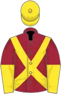 Maroon, yellow cross belts, halved sleeves, yellow cap