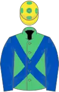 Emerald green, royal blue cross sashes, royal blue sleeves, yellow cap, green spots
