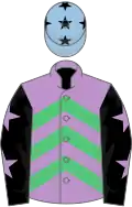 MAUVE and EMERALD GREEN CHEVRONS, black sleeves, mauve stars, light blue cap, black stars