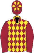 Maroon and yellow diamonds, maroon sleeves