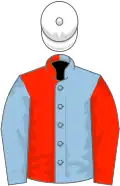 Light blue and scarlet halved, sleeves reversed, white cap