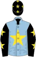Light blue, yellow star, black sleeves, yellow stars and cap