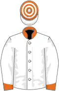 White, orange collar and cuffs, hooped cap