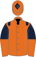 Orange, dark blue epaulets, dark blue and orange halved sleeves, orange cap, dark blue diamond