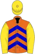 Orange, blue chevrons, yellow sleeves and cap