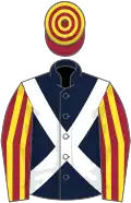 Dark blue, white cross belts, maroon and yellow striped sleeves, hooped cap