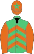 Emerald green and orange chevrons, orange sleeves, orange cap, emerald green star