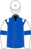 Blue, white shoulders, white sleeves, blue armlets, white cap