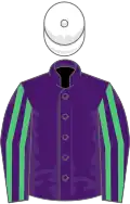 Purple, emerald green striped sleeves, white cap