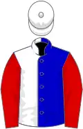 Blue and white (halved), red sleeves, white cap