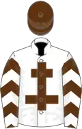 White, brown cross of lorraine, brown and white chevrons on sleeves, brown cap