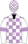 Mauve and white check, white sleeves, mauve armlets