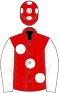 Red, large White spots, sleeves and spots on cap