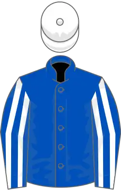 Royal blue, white striped sleeves, white cap