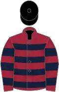 Maroon, dark blue hooped, maroon sleeves, dark blue hooped, black cap