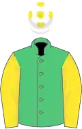 Emerald green, yellow sleeves, white cap, yellow spots
