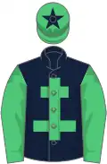 Dark blue, emerald green cross of lorraine and sleeves, emerald green cap, dark blue star