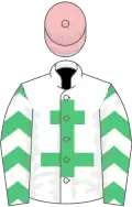 White, emerald green cross of lorraine, emerald green and white chevrons on sleeves, pink cap