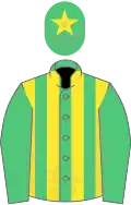 EMERALD GREEN and YELLOW STRIPES, emerald green sleeves, yellow star on cap