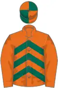 Orange, dark green chevrons, orange sleeves, quartered cap
