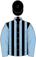 Black and light blue stripes, light blue sleeves, black cap