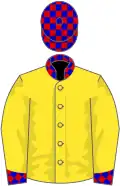 Yellow, blue and red check collar, cuffs and cap