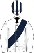White, dark blue sash, striped cap