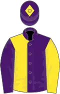 Purple and yellow halved, sleeves reversed, yellow diamond on cap