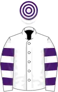 White, purple hooped sleeves and cap
