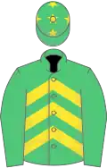 Emerald green and yellow chevrons, emGreen sleeves, emGreen cap, yellow stars