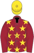 Maroon, yellow stars on body, yellow cap