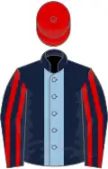 Dark blue, light blue stripe, dark blue and red striped sleeves, red cap