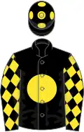 Black, Yellow disc, diamonds on sleeves, Black cap, Yellow spots