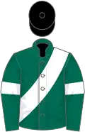 Dark green, white sash and armlets, black cap