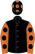 Black, orange sleeves, black spots, black cap, orange spots