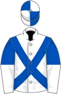White, royal blue cross-belts, royal blue and white halved sleeves, quartered cap